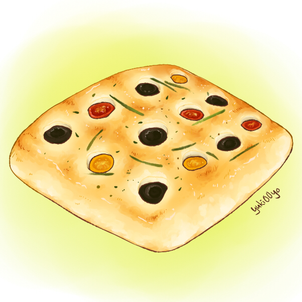 artist_name, bread, chives, commentary, focaccia, food, food_focus, green_background