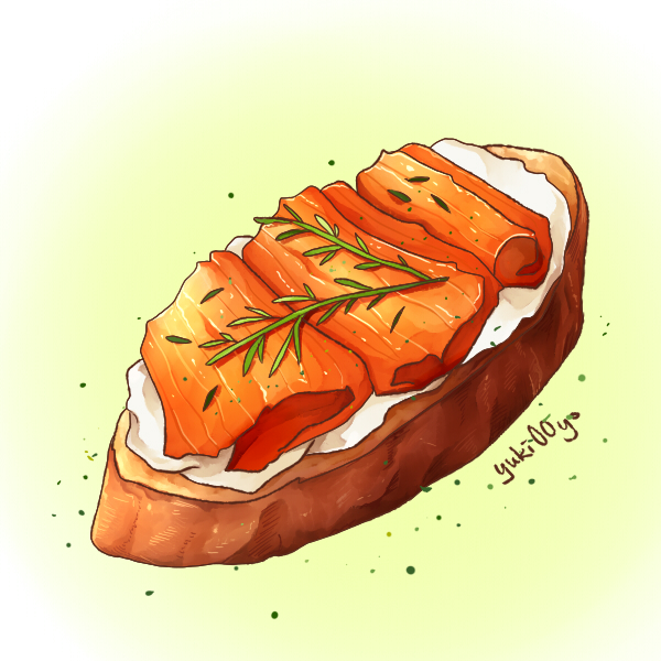 artist_name, bread, canape_(food), commentary, cream_cheese, fish_(food), food, food_focus