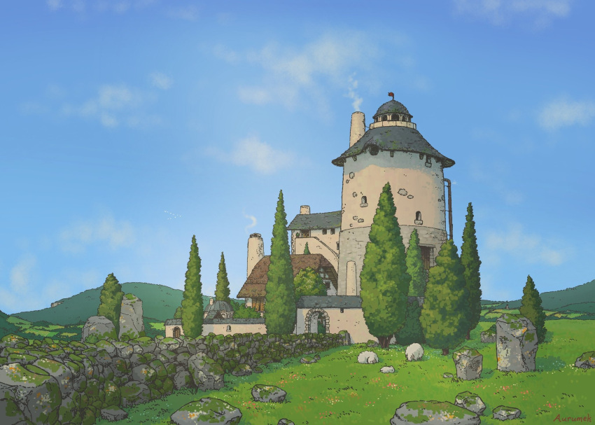 artist_name, aurumek, blue_sky, building, chimney, clouds, commentary, day