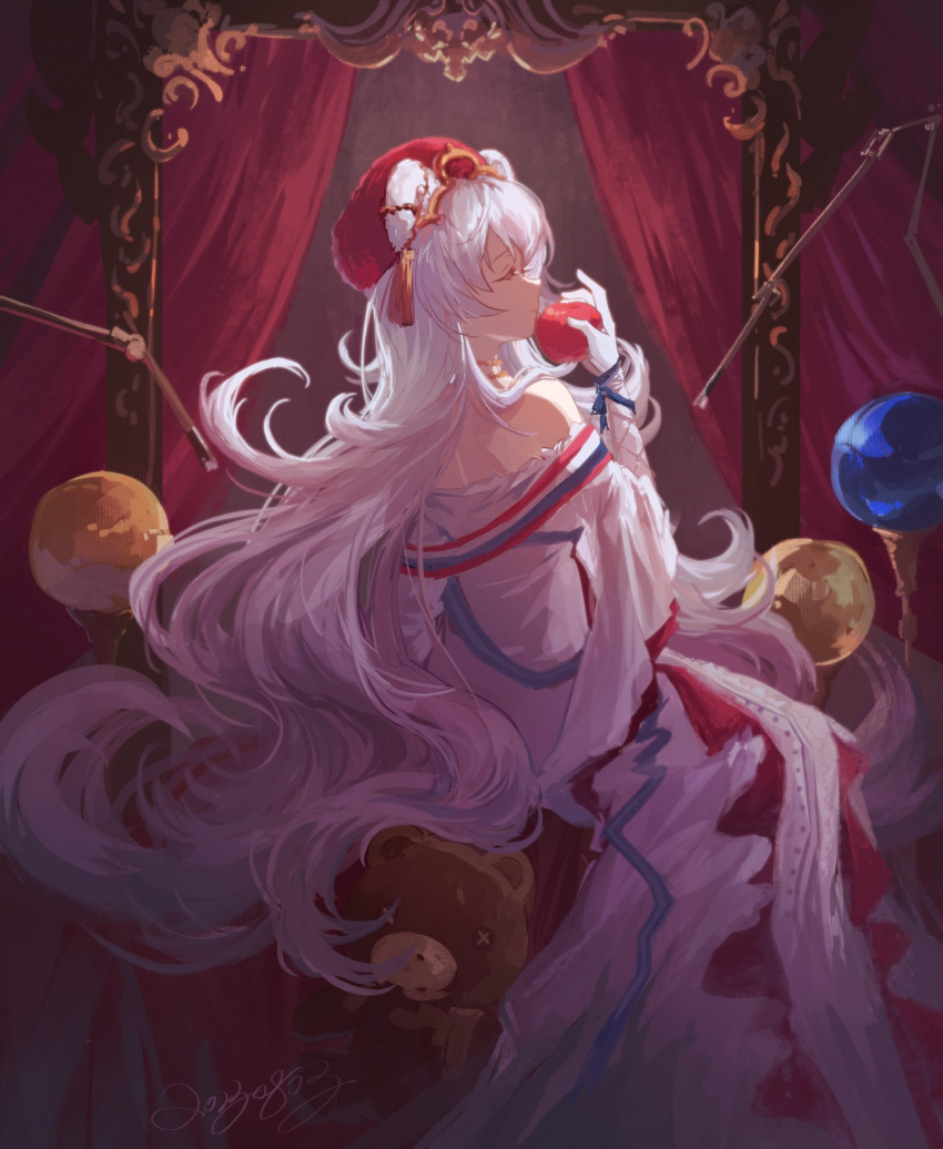 1girl, animal_ears, apple, arknights, bear_ears, bear_girl, closed_eyes, closed_mouth, curtains, dress, empty_picture_frame, eyelashes, food, from_side, fruit, full_body, gloves, hat, highres, holding, holding_food, holding_fruit, long_hair, moleculesound, off-shoulder_dress, off_shoulder, official_alternate_costume, picture_frame, red_headwear, rosa_(arknights), rosa_(masterpiece)_(arknights), signature, sitting, solo, stuffed_animal, stuffed_toy, teddy_bear, very_long_hair, white_dress, white_gloves, white_hair