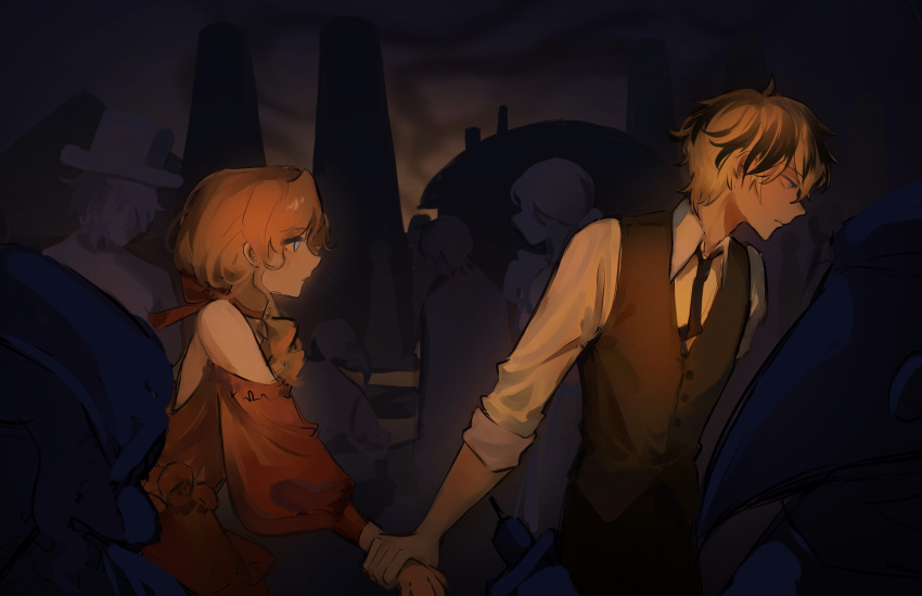 1boy, 1girl, abstract_background, black_necktie, blonde_hair, blue_eyes, brown_hair, chinese_commentary, circle_of_inevitability, commentary_request, dark, dress, empty_eyes, highres, holding_another's_wrist, jenna_(lord_of_the_mysteries), long_hair, lumian_lee, necktie, qingguomdashmochamdashcattouxiangkong, shadow, shirt, vest, white_shirt