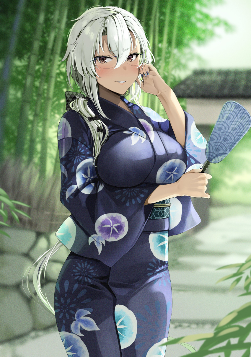 1girl, absurdres, adjusting_hair, alternate_costume, bamboo, black_nails, blue_kimono, blurry