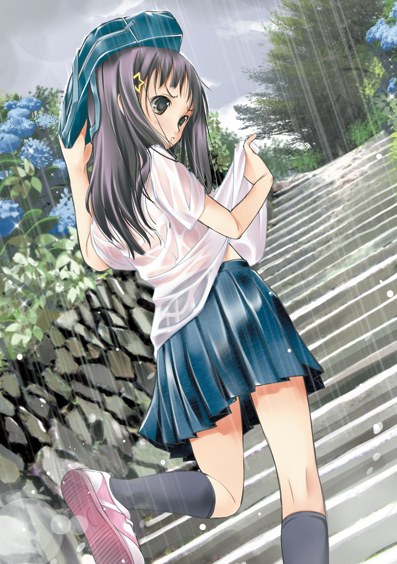 blue_hair, flower, goma, hair_ornament, hairclip, hydrangea, original, rain