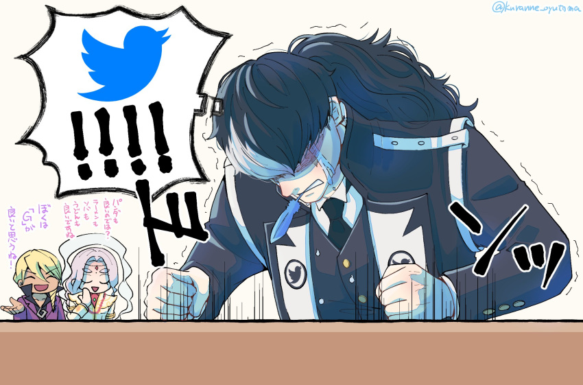 3boys, ace_attorney, animal_print, banging, black_hair, black_jacket, black_necktie, blonde_hair, closed_eyes, collared_shirt, commentary_request, crying, feathers, frustrated, hands_on_table, highres, jacket, klavier_gavin, kuranne, long_hair, long_sleeves, male_focus, mouth_hold, multicolored_hair, multiple_boys, nahyuta_sahdmadhi, necktie, open_mouth, phoenix_wright:_ace_attorney_-_spirit_of_justice, ponytail, shirt, simon_blackquill, smile, solo_focus, tears, thought_bubble, twitter, twitter_bird, twitter_logo, twitter_username, two-tone_hair, upper_body, white_hair, white_shirt