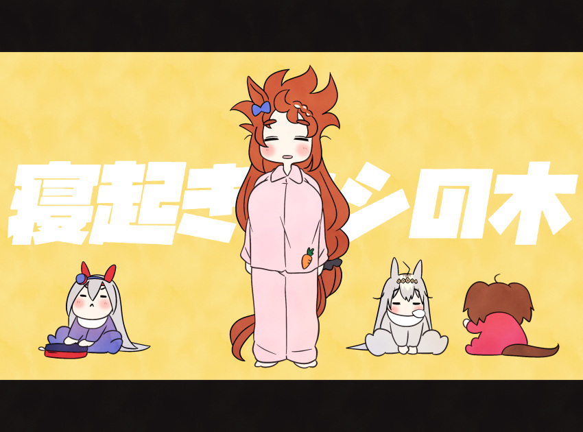 4girls, :<, ahoge, blue_bow, blue_hairband, blush_stickers, bow, brown_hair