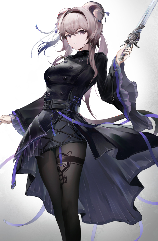 1girl, animal_ears, arknights, black_pantyhose, black_shirt, breasts, earrings, feet_out_of_frame, hair_between_eyes, holding, holding_sword, holding_weapon, jewelry, lin_(arknights), long_hair, long_sleeves, looking_at_viewer, masai_no_senshi, medium_breasts, mouse_ears, mouse_girl, mouse_tail, pantyhose, pink_eyes, pink_hair, shirt, simple_background, solo, sword, tail, thighs, weapon, white_background