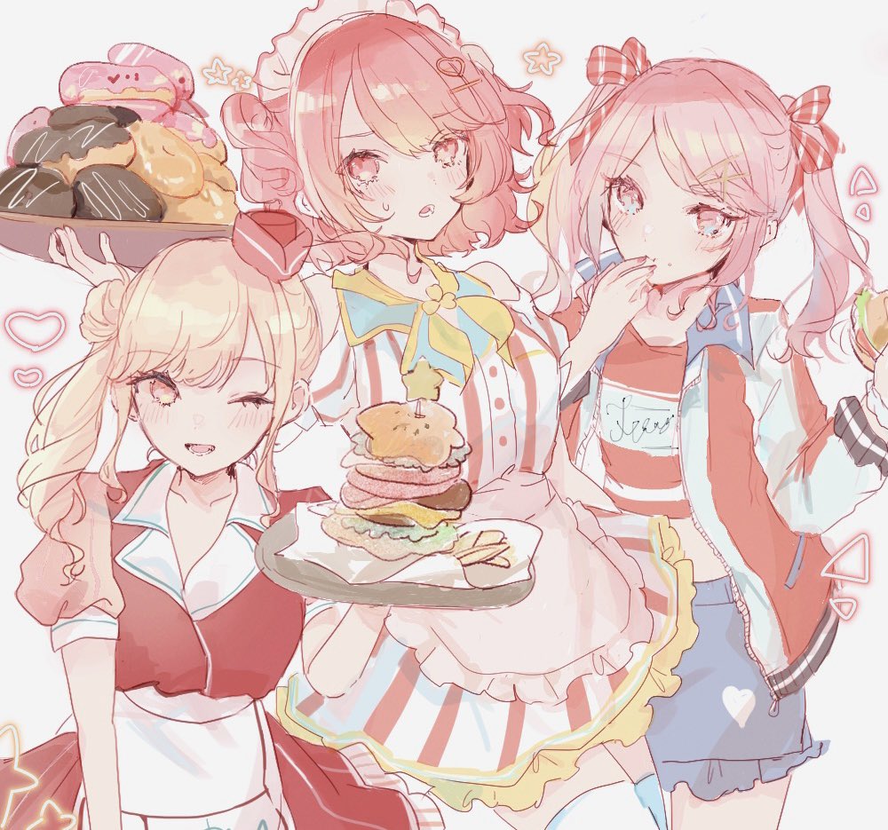 1other, 2girls, akiyama_mizuki, asagimu_(tsuktsuk), blonde_hair, blue_eyes, burger, character_request