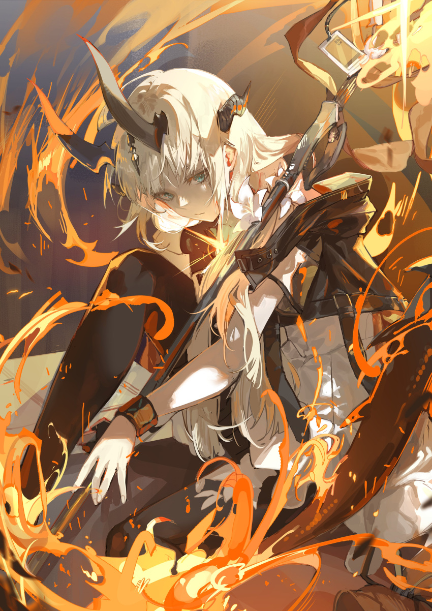 1girl, absurdres, arknights, black_thighhighs, blue_eyes, dragon_girl, dragon_horns, dragon_tail, dress, fire, flame-tipped_tail, from_side, highres, horns, infection_monitor_(arknights), kingcraft_kingu, long_hair, looking_at_viewer, reed_(arknights), reed_the_flame_shadow_(arknights), sitting, solo, staff, tail, thigh-highs, white_dress, white_hair