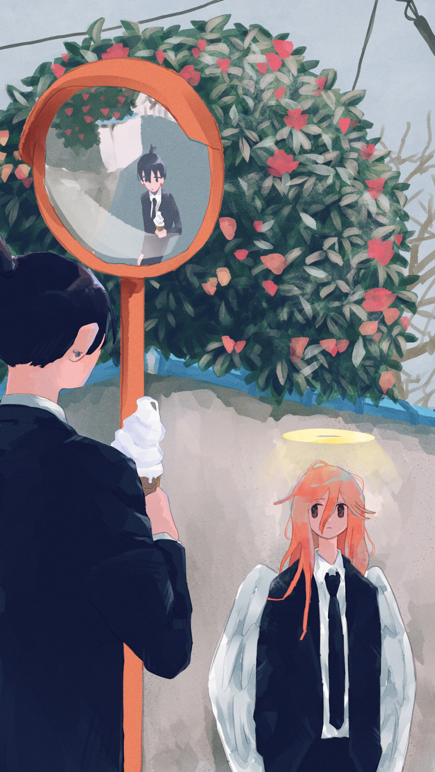 2boys, absurdres, angel, angel_devil_(chainsaw_man), angel_wings, black_hair, black_jacket, black_necktie, black_pants, brown_hair, chainsaw_man, collared_shirt, food, hair_between_eyes, halo, hayakawa_aki, highres, holding, holding_food, holding_ice_cream, ice_cream, jacket, kumanooppo, long_hair, looking_at_another, multiple_boys, necktie, pants, reflection, shirt, shirt_tucked_in, short_hair, suit, suit_jacket, topknot, traffic_mirror, white_shirt, wings