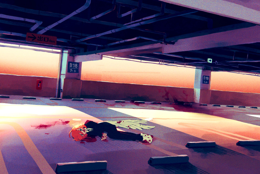 1girl, angel, angel_devil_(chainsaw_man), angel_wings, black_jacket, black_necktie, black_pants, blood
