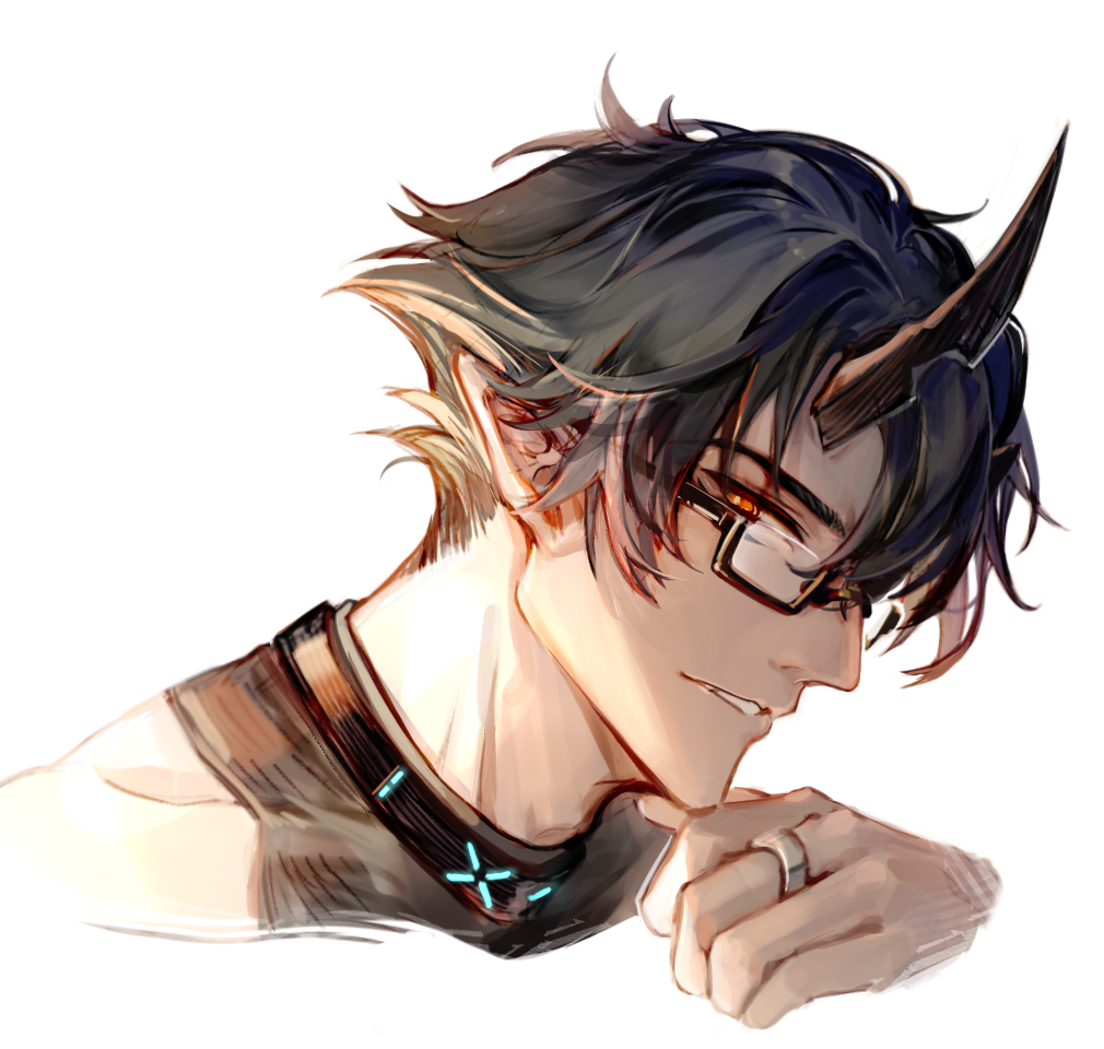 1boy, arknights, bespectacled, black_hair, black_shirt, bright_pupils, collar, cropped_shoulders