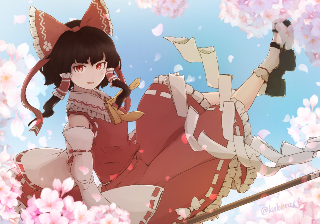 1girl, :d, bare_shoulders, black_footwear, bow, breasts, brown_hair, cherry_blossoms