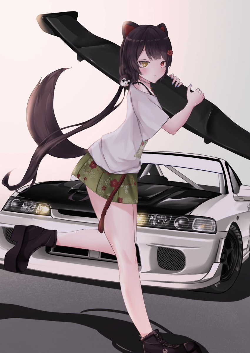 1girl, animal_ears, blush, brown_eyes, brown_hair, dog_ears, dog_girl, dog_tail, from_side, green_skirt, grey_shirt, heterochromia, highres, holding, inui_toko, inui_toko_(2nd_costume), long_hair, looking_at_viewer, low_twintails, masada_masashi, nijisanji, nissan, nissan_s13_silvia, nissan_silvia, red_eyes, shirt, skirt, solo, spoiler_(automobile), t-shirt, tail, twintails, very_long_hair, virtual_youtuber, walking