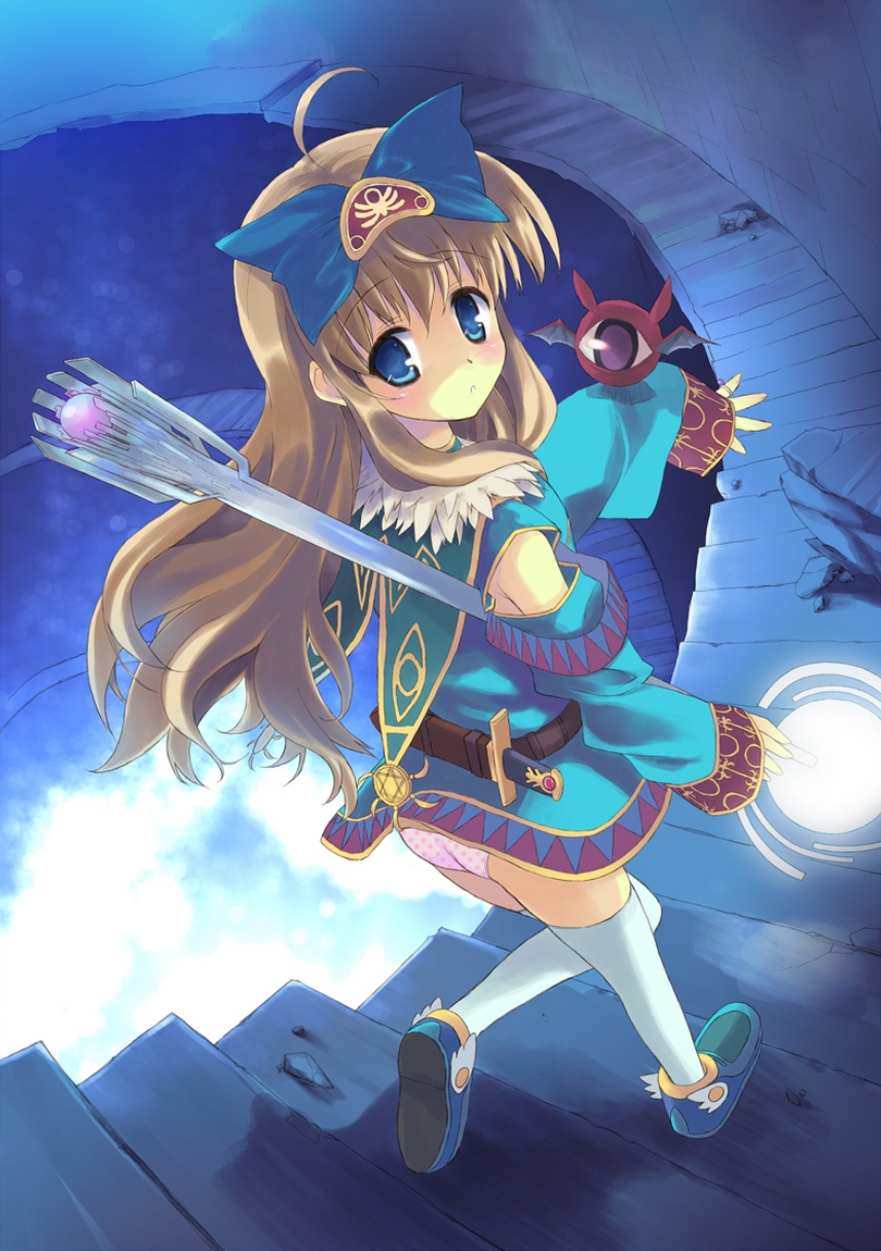 armpits, bat_wings, blonde_hair, blue_eyes, bow, dagger, eyeball, hair_blow, hair_bow, jewelry, looking_back, original, panties, polka_dot, polka_dot_panties, ring, sacchi, shoes, solo, staff, stairs, thigh-highs, thighhighs, underwear, weapon, white_legwear, white_thighhighs, wings