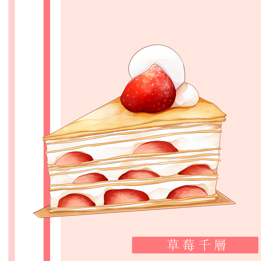 cake, cake_slice, commentary, cream, crepe_cake, cross-section, dessert, food, food_focus, food_name, fruit, no_humans, original, pink_background, simple_background, still_life, strawberry, strawberry_shortcake, translation_request, yuki00yo