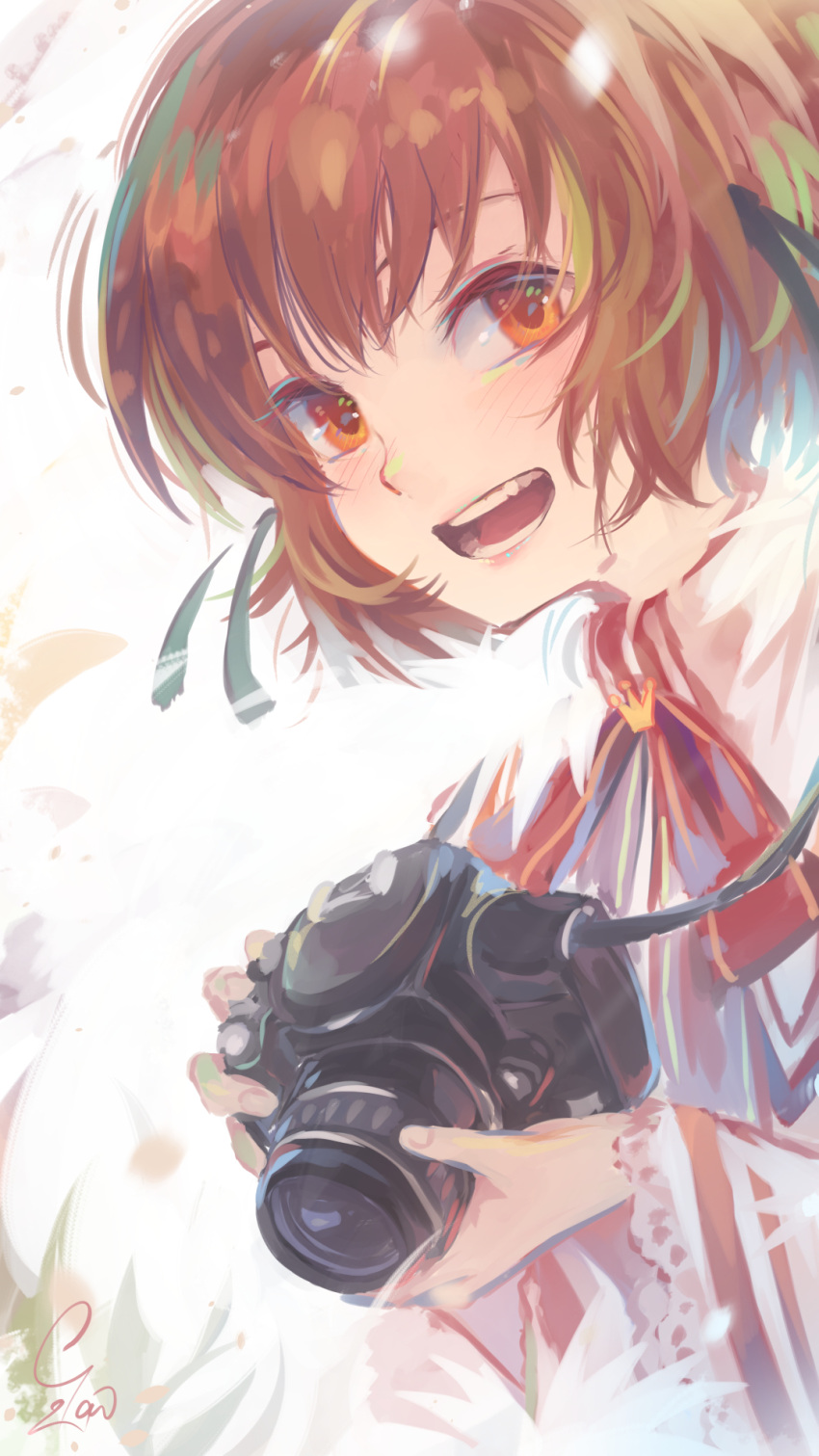 1girl, :d, black_ribbon, blush, brown_eyes, brown_hair, camera, commentary