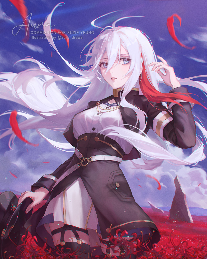 1girl, 86_-eightysix-, antenna_hair, aura_draws, belt, black_skirt, black_thighhighs, blue_jacket