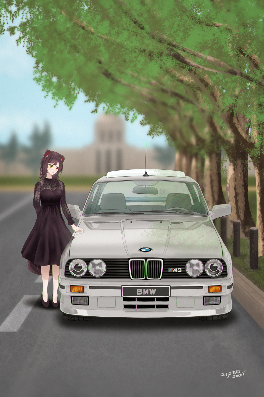 1girl, 217moyashi, absurdres, animal_ears, black_dress, black_footwear, blurry, blurry_background, bmw, bmw_m3, brown_eyes, brown_hair, car, dog_ears, dog_girl, dog_tail, dress, heterochromia, highres, inui_toko, inui_toko_(5th_costume), looking_down, medium_hair, motor_vehicle, nijisanji, official_alternate_costume, red_eyes, road, shadow, socks, solo, tail, tree, vehicle_focus, vehicle_name, virtual_youtuber, white_socks