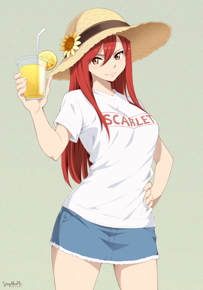 1girl, absurdres, alternate_costume, blue_skirt, breasts, brown_eyes, casual, closed_mouth, cowboy_shot, cup, denim, denim_skirt, disposable_cup, drinking_straw, erza_scarlet, fairy_tail, flower, food, fruit, hand_on_own_hip, hat, hat_ornament, highres, holding, holding_cup, juice, large_breasts, long_hair, looking_at_viewer, orange_(fruit), orange_slice, print_shirt, redhead, shirt, signature, simple_background, skirt, smile, solo, stayaliveplz, sun_hat, sunflower, t-shirt, thighs, white_shirt