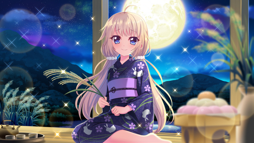 1girl, ahoge, animal_print, barefoot, blue_eyes, blue_kimono, blurry, blurry_foreground