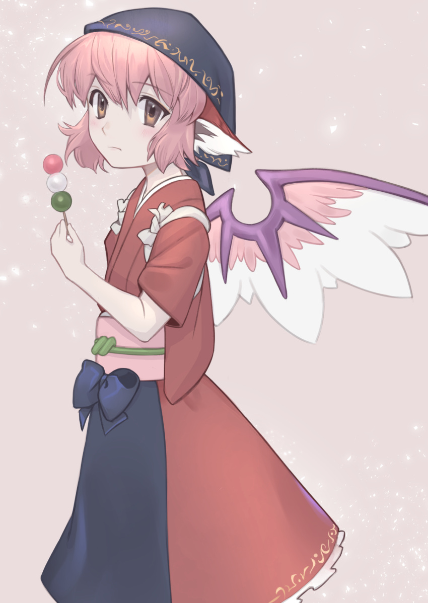 1girl, animal_ears, bird_ears, bird_wings, black_headwear, brown_eyes, brown_kimono, cheshikk