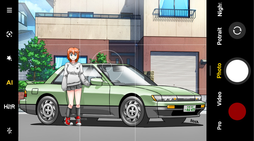 1girl, black_skirt, black_socks, breasts, car, fake_screenshot, green_eyes, highres