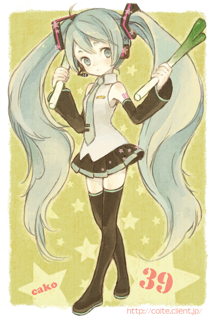 aqua_hair, cako, detached_sleeves, hatsune_miku, headset, solo, spring_onion, star, thigh-highs, thighhighs, twintails, vocaloid
