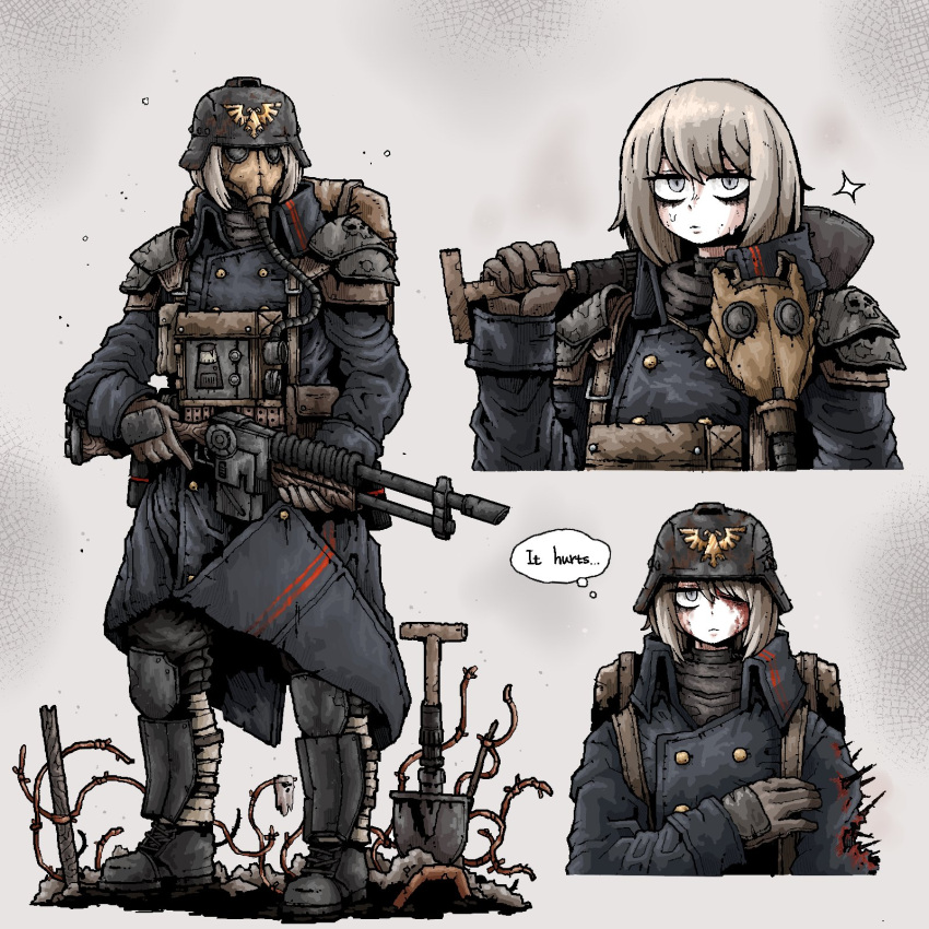 1girl, armor, black_headwear, black_jacket, black_pants, blue_eyes, combat_helmet, death_korps_of_krieg