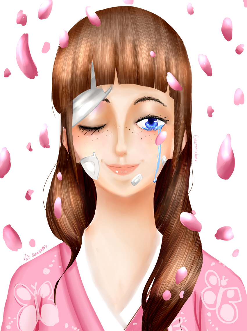 1girl, absurdres, artist_name, bandaid, bandaid_on_face, blue_eyes, blunt_bangs, brown_hair