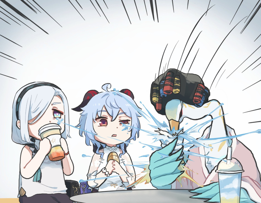 2girls, afro, bathrobe, bell, blue_eyes, blue_hair, braid, braided_ponytail
