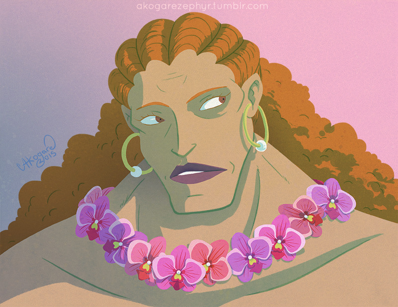 1girl, 2015, akogarezephyr, curly_dadan, curly_hair, earrings, flower, flower_necklace, hoop_earrings, jewelry, lipstick, long_hair, looking_to_the_side, makeup, necklace, one_piece, orange_eyes, orange_hair, purple_lips, signature, solo, teeth, third-party_source, web_address