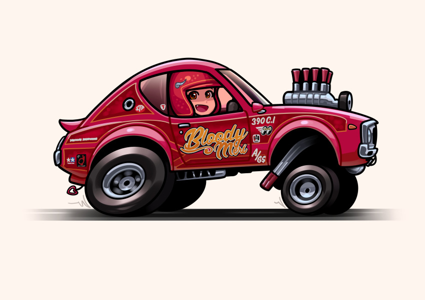 1girl, absurdres, arhentol, car, chibi, driving, fang, from_side, helmet, highres, looking_at_viewer, motor_vehicle, muscle_car, nissan, nissan_skyline, nissan_skyline_c110, nissan_skyline_gt-r, original, race_vehicle, racecar, red_eyes, red_headwear, shadow, smile, solo, tamiya_incorporated, vehicle_focus