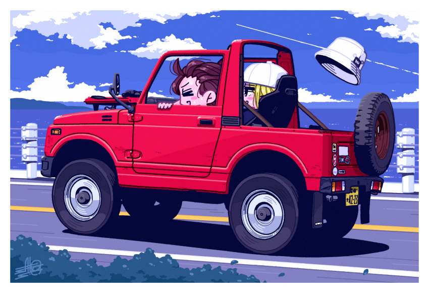 >_<, 2boys, baseball_cap, blonde_hair, bucket_hat, bush, car, clouds