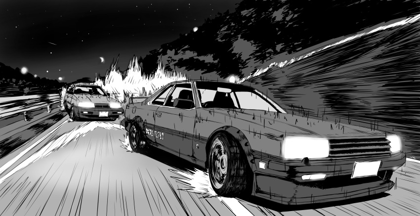 aciverious_tippoline, car, crescent_moon, drifting, english_commentary, greyscale, highres, mixed-language_commentary, monochrome, moon, motion_blur, motor_vehicle, night, nissan, nissan_sentra, nissan_skyline, nissan_skyline_r30, no_humans, original, racing, sky, spoiler_(automobile), star_(sky), vehicle_focus