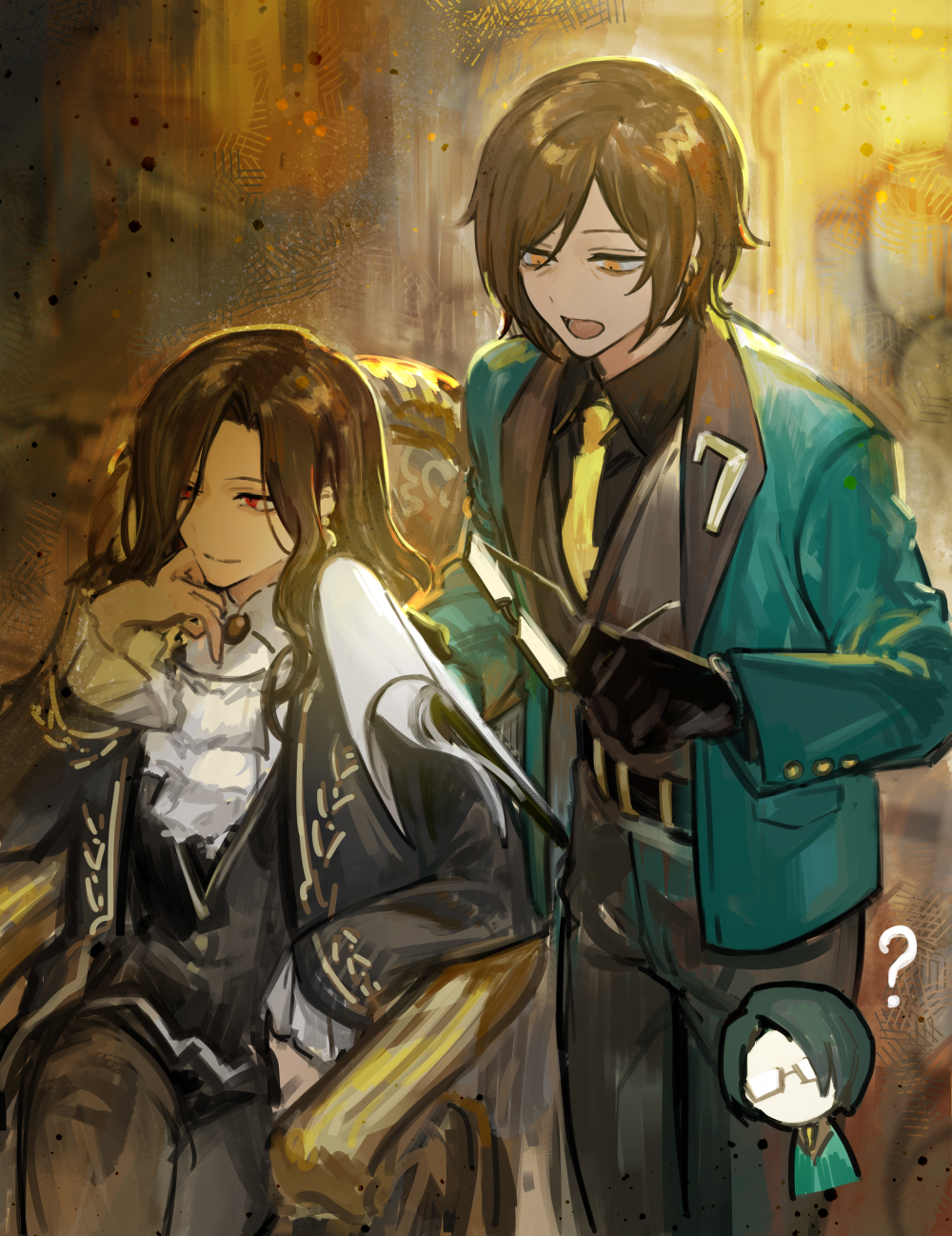 3girls, ?, armchair, belt, black_belt, black_gloves, black_jacket, black_shirt, brown_eyes, brown_hair, brown_pants, brown_vest, chair, closed_mouth, collared_shirt, commentary_request, dias_(the_distortion_detective), frilled_sleeves, frills, glasses, gloves, green_jacket, han_hee-joon, highres, jacket, limbus_company, long_hair, long_sleeves, multiple_girls, necktie, nishikujic, open_mouth, outis_(limbus_company), pants, project_moon, red_eyes, shirt, short_hair, sitting, smile, the_distortion_detective, very_long_hair, vest, yellow_necktie