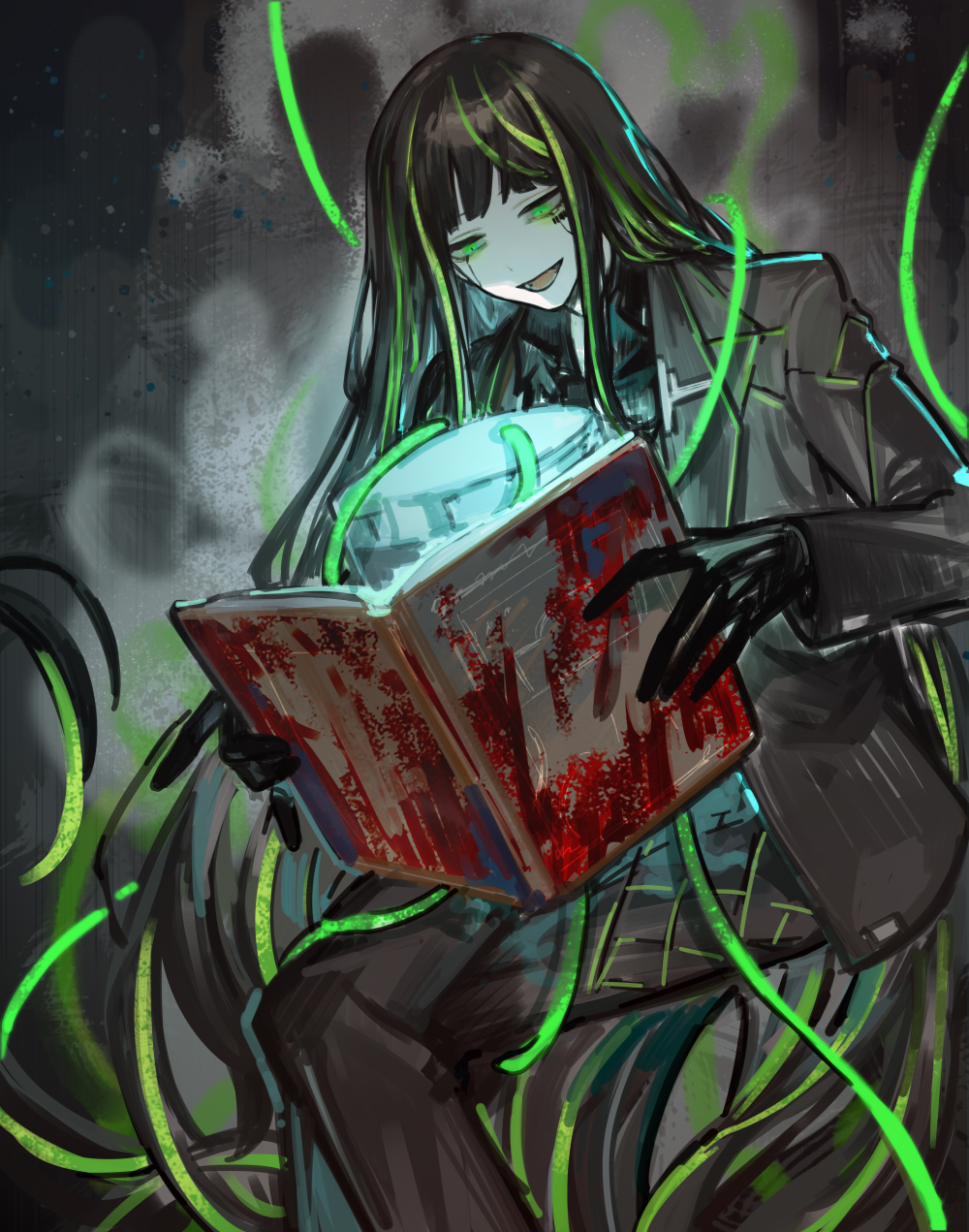 1girl, alfonso_(limbus_company), barcode, barcode_tattoo, black_gloves, black_hair, black_jacket, blood, gloves, green_eyes, highres, jacket, limbus_company, long_hair, multicolored_hair, nishikujic, open_mouth, project_moon, reading, sidelocks, sitting, smile, solo, streaked_hair, suit, tattoo, tube, very_long_hair
