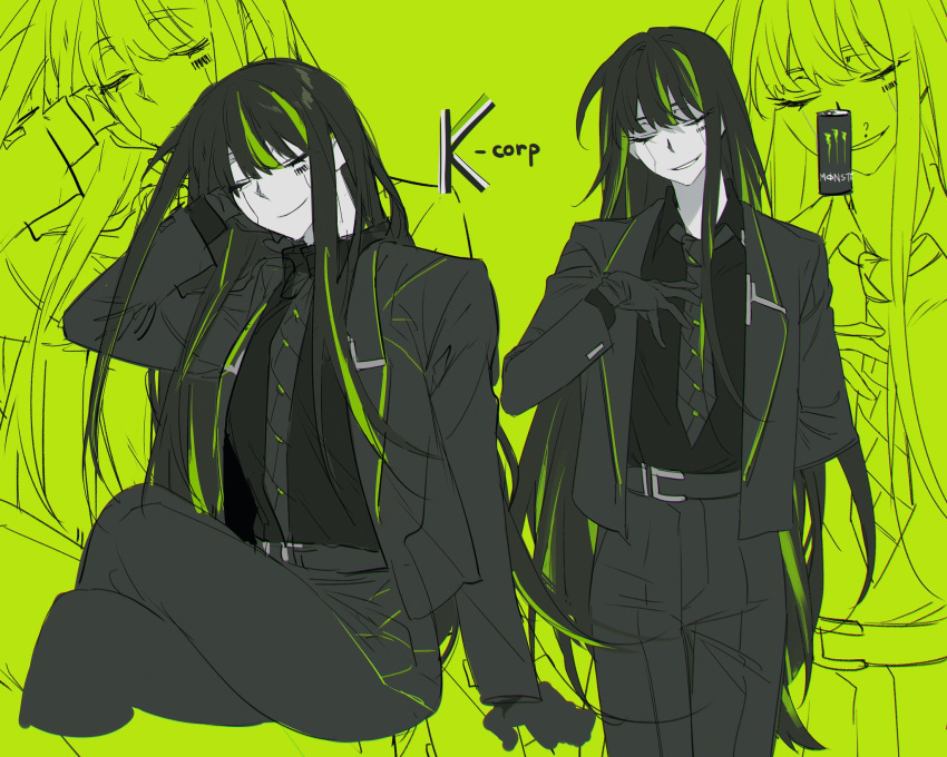 1girl, alfonso_(limbus_company), belt, black_belt, black_gloves, black_hair, black_jacket, black_necktie