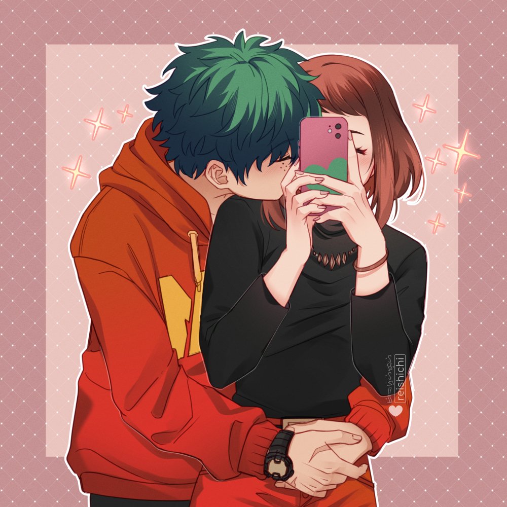 bad_source, black_shirt, boku_no_hero_academia, brown_eyes, brown_hair, couple, green_eyes, green_hair