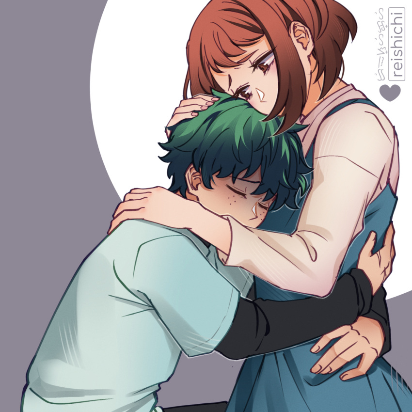 bad_source, blue_dress, boku_no_hero_academia, brown_eyes, brown_hair, dress, green_eyes, green_hair