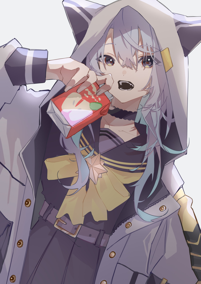 1girl, absurdres, alternate_eye_color, alternate_hair_color, animal_ears, animal_hood, belt, black_choker