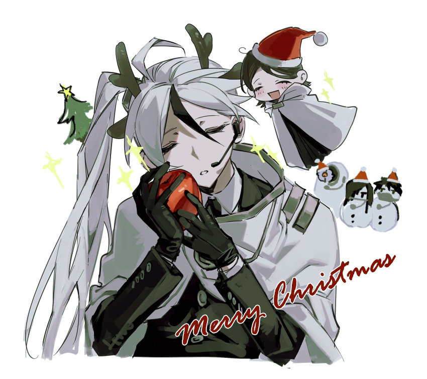 1boy, 1girl, antlers, black_gloves, black_jacket, cape, closed_eyes, esther_(library_of_ruina)