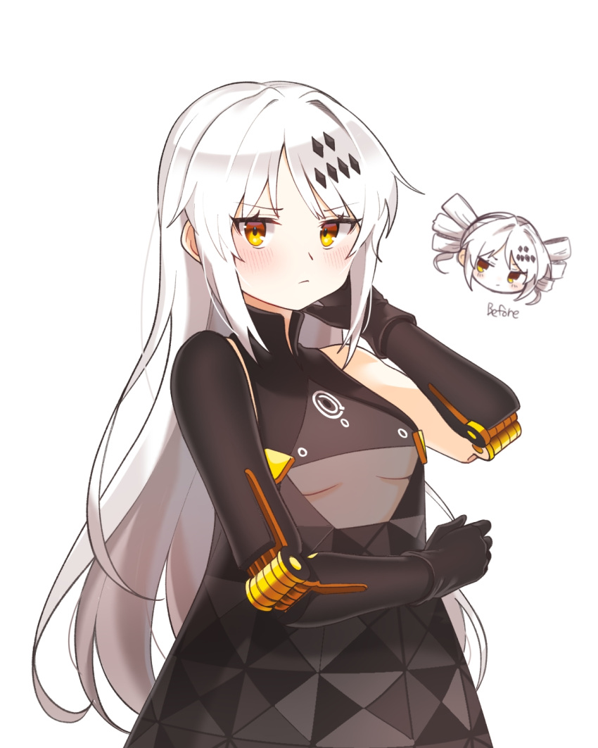 1girl, alternate_hairstyle, black_dress, blush, breasts, dress, drill_hair, english_text, from_behind, hair_ornament, highres, karenina:_ember_(punishing:_gray_raven), karenina_(punishing:_gray_raven), long_hair, looking_at_viewer, mechanical_arms, multiple_persona, myam_(pixiv75038771), orange_eyes, punishing:_gray_raven, see-through, sidelocks, small_breasts, solo, twin_drills, under_boob, white_background, white_hair