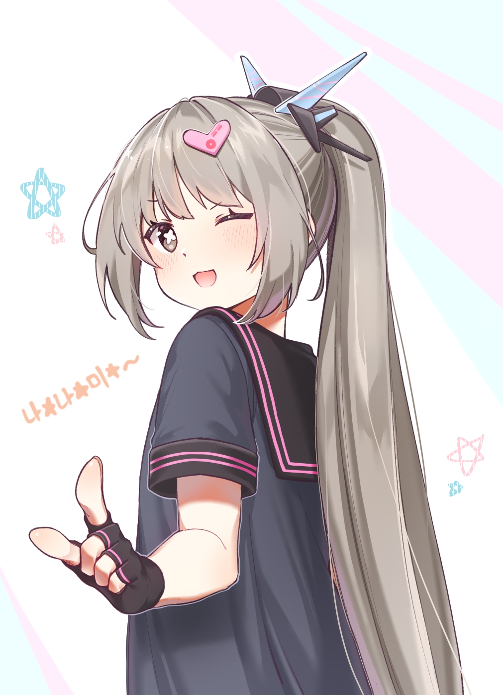 1girl, black_gloves, black_sailor_collar, black_serafuku, black_shirt, cross-shaped_pupils, fingerless_gloves, from_behind, gloves, grey_eyes, grey_hair, hair_ornament, headgear, heart, heart_hair_ornament, highres, long_hair, myam_(pixiv75038771), nanami:_pulse_(punishing:_gray_raven), nanami_(punishing:_gray_raven), official_alternate_costume, one_eye_closed, open_mouth, pointing, ponytail, punishing:_gray_raven, sailor_collar, school_uniform, serafuku, shirt, short_sleeves, sidelocks, solo, symbol-shaped_pupils, upper_body, very_long_hair