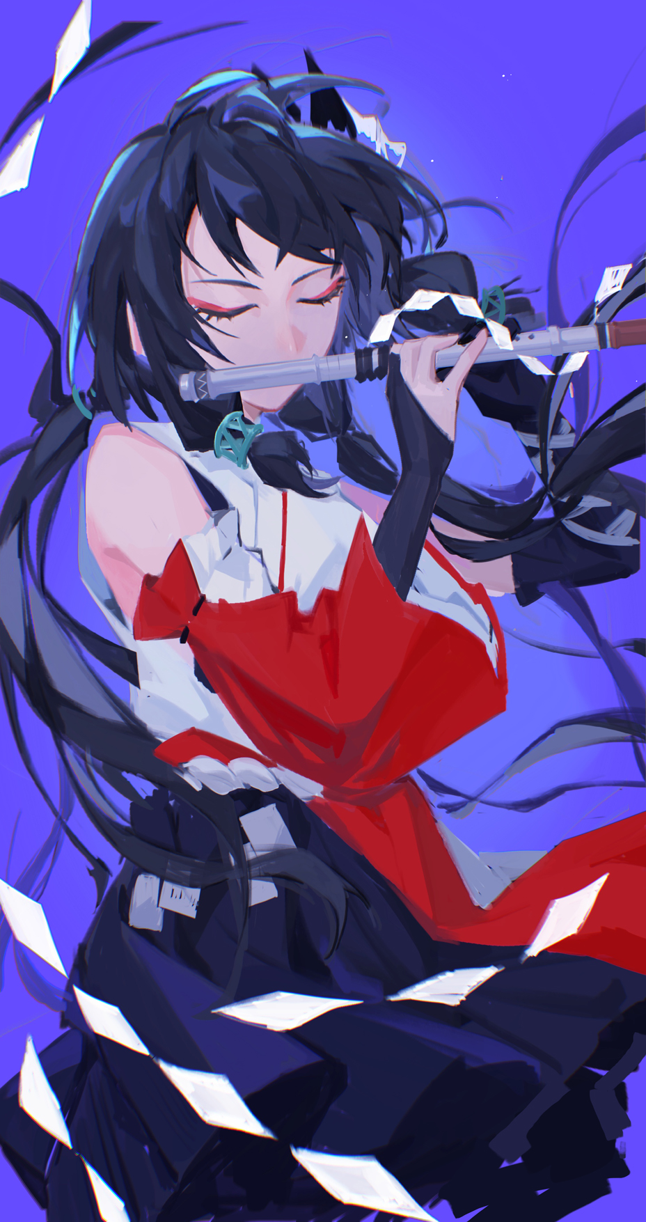 18_kawaki, 1girl, black_gloves, black_hakama, blue_background, colored_eyelashes, detached_sleeves, elbow_gloves