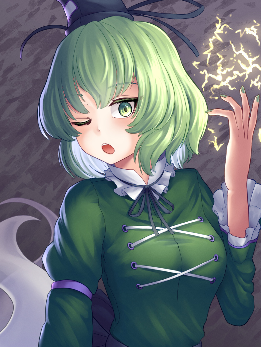 1girl, ;o, black_background, black_headwear, breasts, commentary, cross-laced_clothes, ghost_tail
