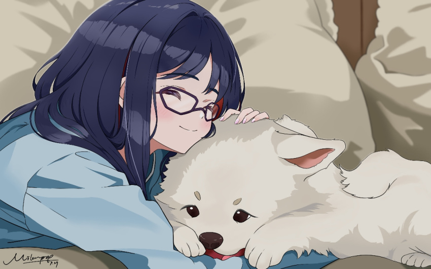 1girl, aliasing, animal_hug, blue_hair, blue_shirt, blush, closed_eyes, closed_mouth
