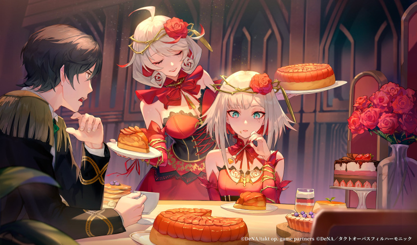 1boy, 2girls, anna_schneider, aqua_eyes, asahina_takt, bare_shoulders, breasts, cake