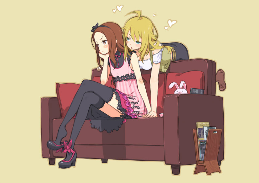 ahoge, annoyed, black_legwear, black_thighhighs, chin_rest, couch, cough, crossed_legs, heart, hoshii_miki, idolmaster, idolmaster_2, kuroboshi_kouhaku, legs, minase_iori, multiple_girls, shoe_dangle, sitting, stuffed_animal, stuffed_toy, thigh-highs, thighhighs, yuri, zettai_ryouiki
