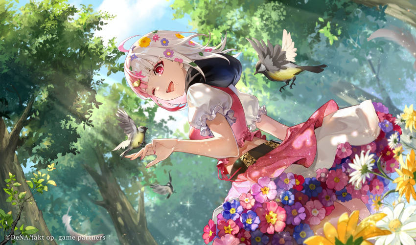 1girl, ahoge, bird, blue_flower, flower, flower_trim, hair_flower, hair_ornament, highres, long_hair, looking_at_viewer, nail_polish, official_art, one_eye_closed, pink_eyes, pink_flower, pink_hair, pink_nails, pink_skirt, puffy_short_sleeves, puffy_sleeves, purple_flower, red_flower, short_sleeves, skirt, smile, spring_(takt_op.), takt_op._destiny, white_flower, white_hair, yellow_flower