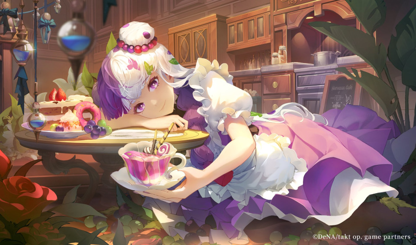 1girl, apron, autumn_(takt_op.), blunt_bangs, cup, double_bun, doughnut, dress, flower, food, frilled_apron, frilled_sleeves, frills, fruit, grapes, hair_bun, hair_ornament, highres, holding, holding_cup, leaf_hair_ornament, looking_at_viewer, multicolored_hair, official_art, puffy_short_sleeves, puffy_sleeves, purple_dress, purple_hair, red_flower, red_rose, rose, saucer, short_sleeves, smile, takt_op._destiny, two-tone_hair, waist_apron, white_apron, white_hair